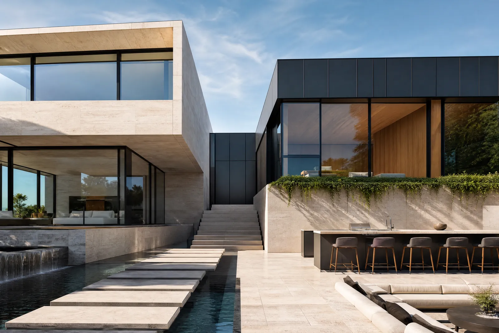 Two adjacent modern building volumes of differing height.