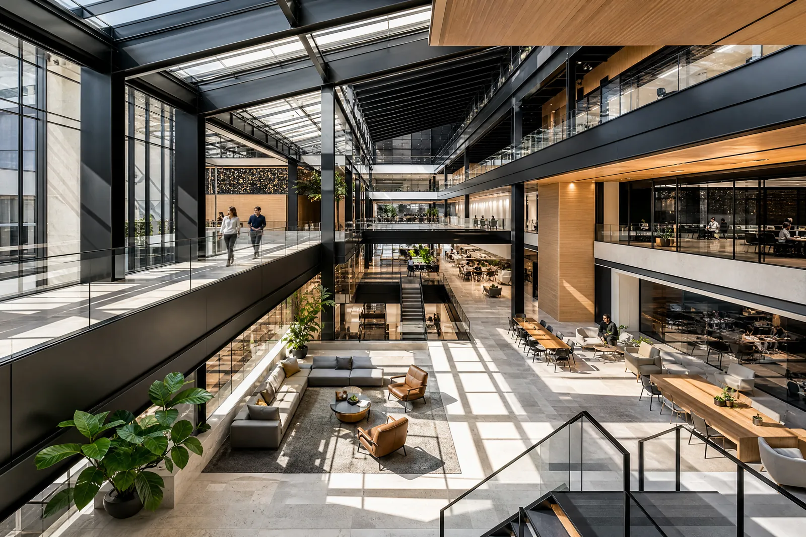 A complex modern industrial interior seen from above.